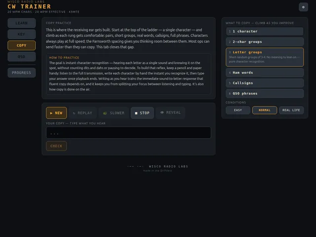 CW Trainer COPY tab — copy random text at speed drill