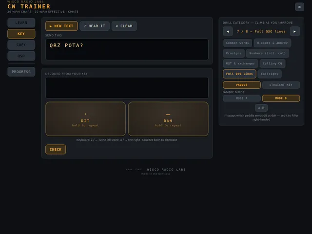 CW Trainer KEY tab — send with a key or paddle, graded fist feedback