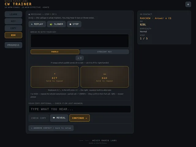 CW Trainer QSO tab — realistic QSO simulator for POTA, SOTA, IOTA, and ragchew
